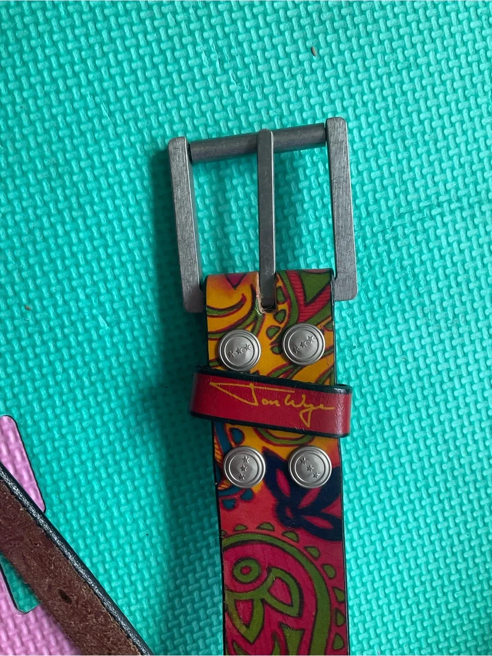 🎨Jon Wye Hand Drawn Paisley Leather Belt Made in USA Multicolor Geometric